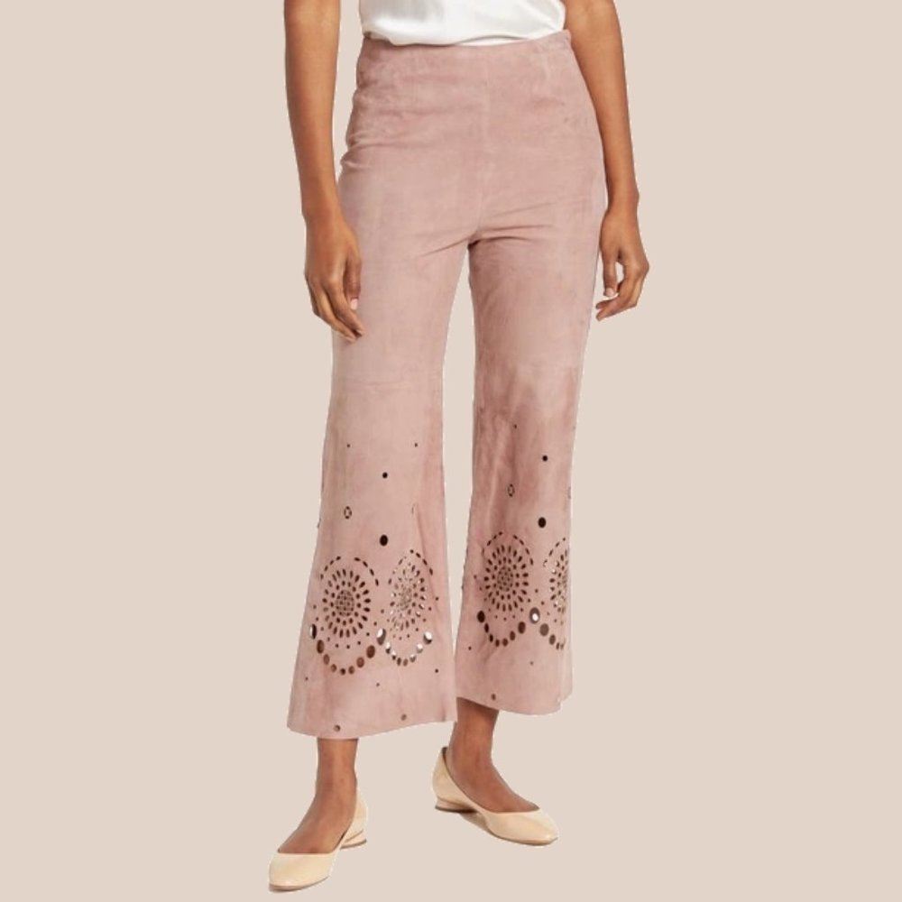 NEW Rebecca Taylor Women Wisteria Dusty Pink Laser Cut Suede Leather Pants